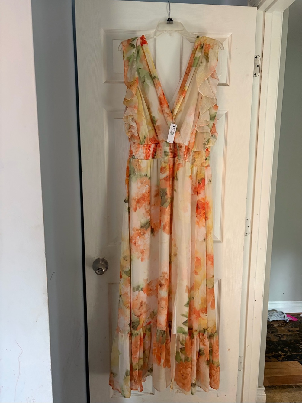 Express Floral Ruffle V-Neck Maxi Dress - Orange, Green on Cream